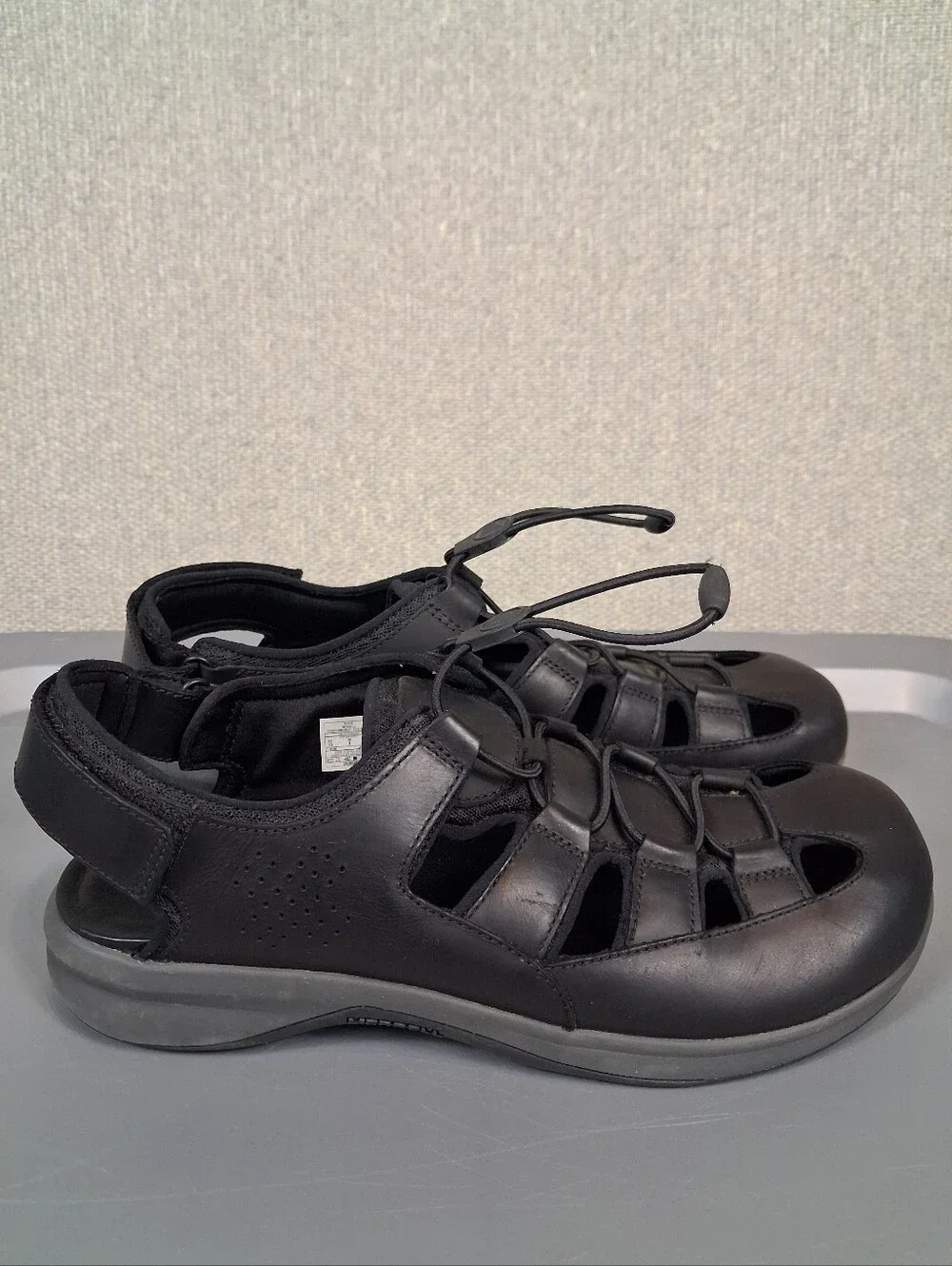 Merrell Mens Tideriser Luna Fisherman Leather Sandals Bungee Lace Black Size 10